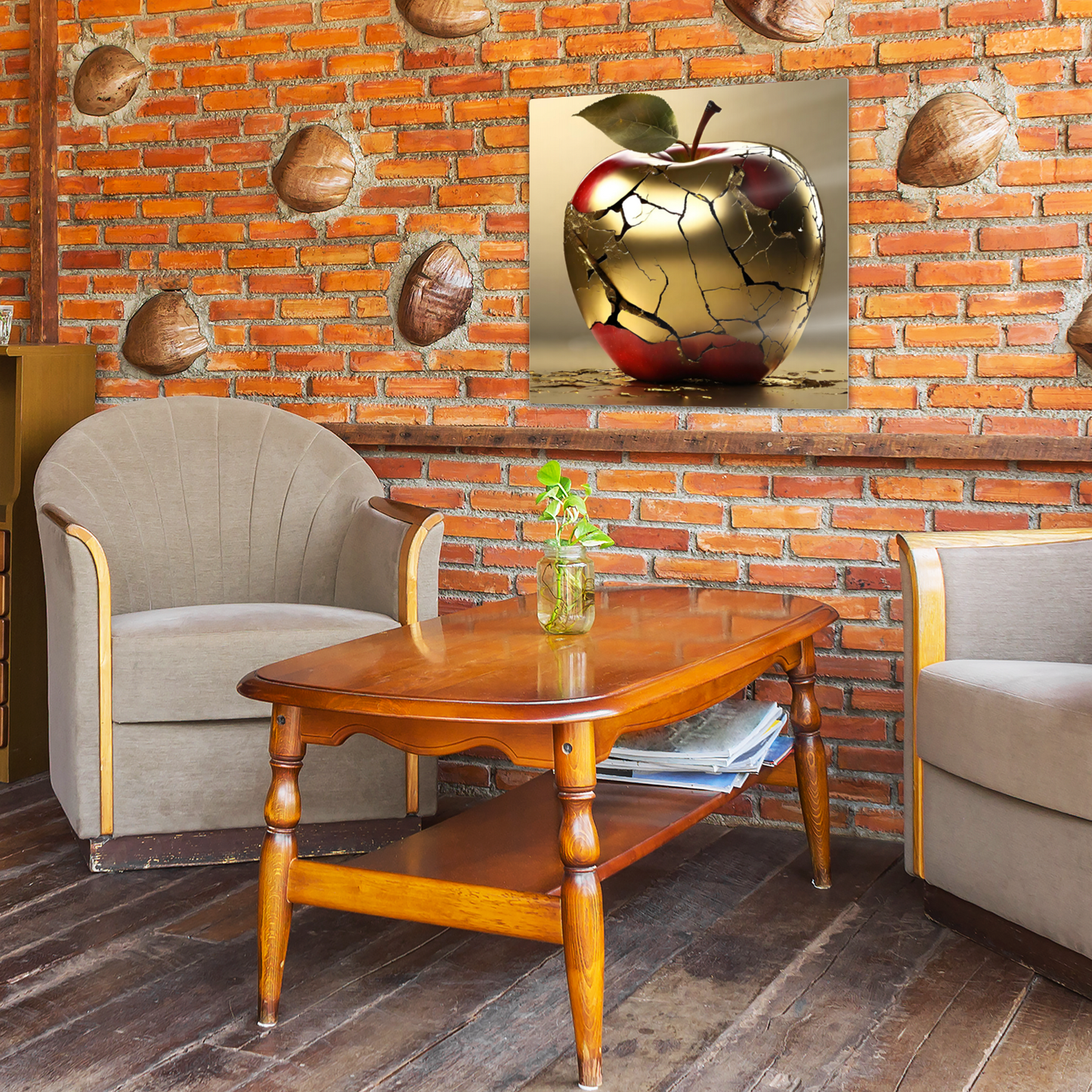 Metal wall art- Golden Spoiled apple- Original Abstract print 375x375 mm