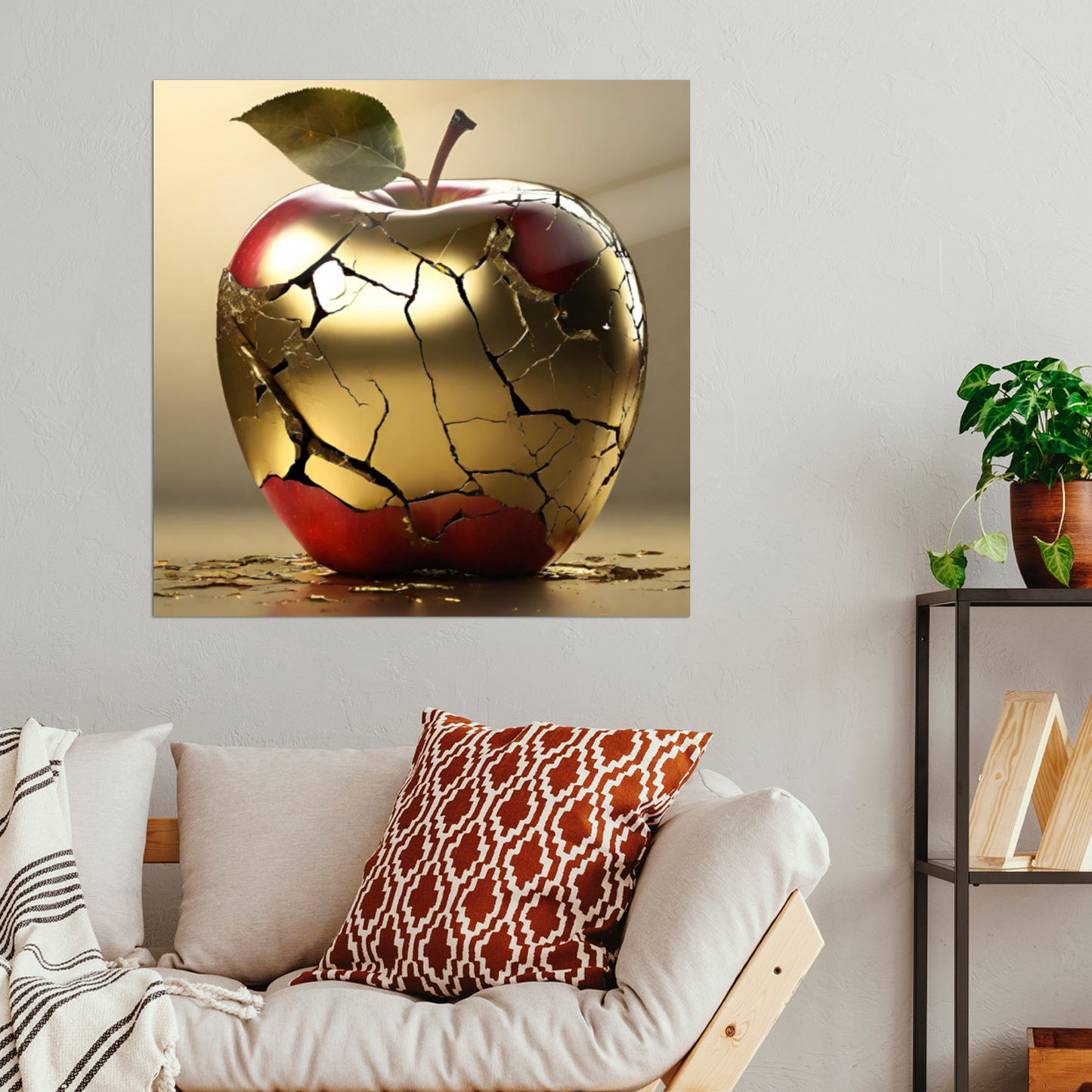 Metal wall art- Golden Spoiled apple- Original Abstract print 375x375 mm